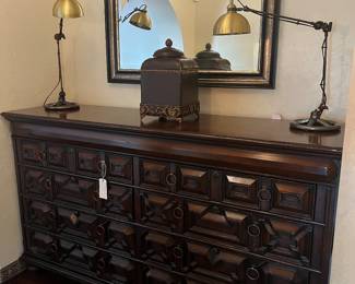 Ralph Lauren 2000 Home mahogany Britney chest By Henredon. 2 
L 82 1/4” x D 22 1/4” x H 48”
Meadville brass and heavy metal table 
lamps 
Mirror 48x38