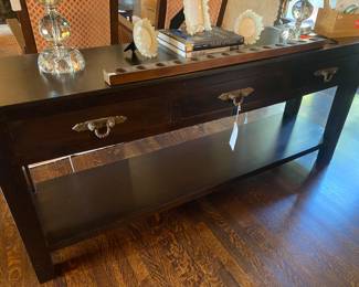Long, solid wood, wood mahogany colored console table with drawers, Wrought iron fixtures 
L 72” x D 18 1/8” x H 31 1/4”