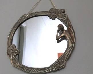 Vintage Art Nouveau Small Round Brass Wall Mirror