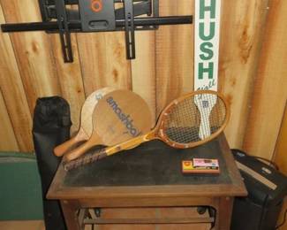 Vintage Side Table on Casters, Wooden Tennis Racket, Smashball Paddles, Arnold Palmer HUSH Y'all Wooden Paddle Sign, Paper Shredder