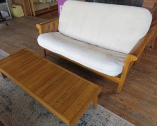 Solid Oak Futon with Extension Table, Cushion/ Matching Chair & Ottoman