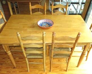 Oak Dining Table with 6 Ladder Back Rush Seat Chairs