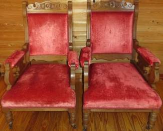 Antique Red Velvet Eastlake Parlor Armchairs