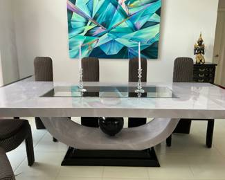 Dining room table and 8 chairs( SOLD CHAIRS) TABLE STILL AVAILABLE - the table measures approximately 112" long with leaves by 4' wide.  the leaves are 15" each so without them the table is approximately 82".