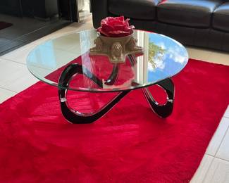 Fabulous 80s lucite infinity table - pair of small chips on the edge of the glass top.  Approximately 44" diameter