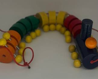 Vintage Wooden Pull Toy Caterpillar Train With Bell