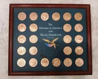 Bronze Coins (24) The History of American for Young Americans Framed Set Franklin Mint.  
Approx. size:  16-1/2 x 14"