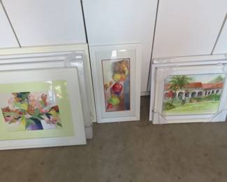 Stacks of Barbara Marsh watercolor paintings, all in great frames and under glass.