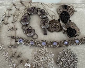 Native and Mexican sterling jewelry.  Rhinestone pieces