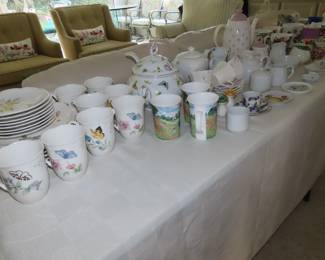 Bone china tea cups, tea pots, coffee mugs. Shirley Temple Hazel Atlas cobalt blue glass milk pitcher and mug.