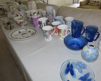 Bone china tea cups, tea pots, coffee mugs. Shirley Temple Hazel Atlas cobalt blue glass milk pitcher and mug.