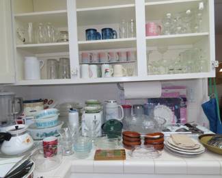 Coffee carafes, flatware set, stemware, vintage Pyrex/FireKing, theral mugs, glass coffee mugs, aprons.