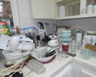 Blender, Smoothie stick, hand mixer, vintage pyrex, coffee akers, flatware.