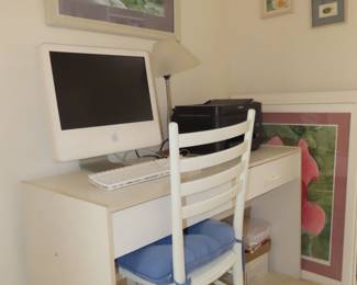 White computer desk and chair, MAC computer, Epson printer.