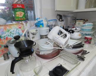 Blender, hand mixer, Magic Bullet, rice cooker, slow cooker, coffee makers, vintage Pyrex/FireKing and Corningware.