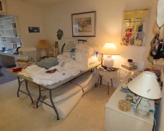 Second bedroom area, queen bed linens and blankets, memory foam mattress topper, side tables, table lamps, rocking chair, silk scarves.