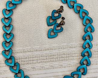 Gorgeous sterling and turquoise blue enamel necklace and earrings.  Old Taxco.  