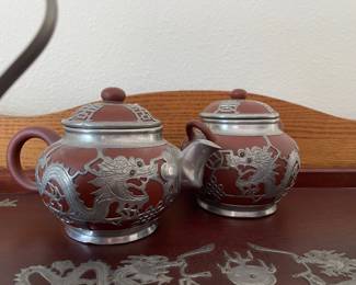 Tung King Shun Factory Yixing Pottery with Pewter Dragon Design Overlay – 4 Piece Tea Set with Tray