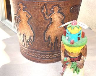 Tooled Leather Trash Bin Kachina