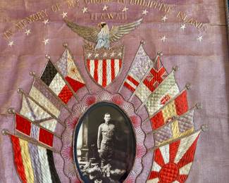 Silk trapunto embroidered Navy cruise souvenir, 1911. Service members would have these made to commemorate their cruise or service tour. This one has the complete provenance on the back. 
