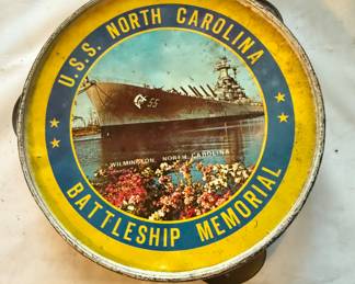 Rare USS North Carolina lithographed tin tambourine, c. 1960s. Made in Hong Kong 