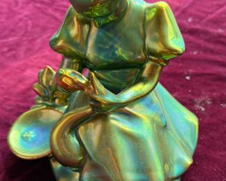 ZSOLNAY Hungary EOZINE GLAZE PORCELAIN GIRL WITH A DUCK. Rare large size 
