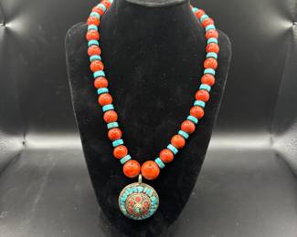 Handcrafted 18" Necklace with Red and Turquoise Beads and Decorative Pendant