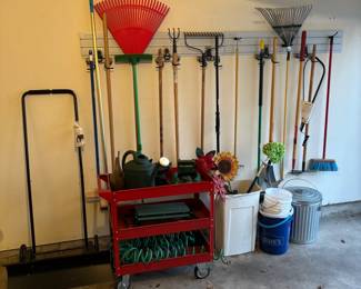 Gardening Tool Lot - Rakes, Shovels, Watering Can, Cart & More