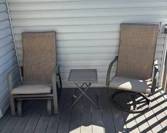 Patio Furniture Set - One Rocking, One Swivel Chair and Side Table with Glass Top