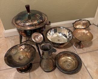 Vintage Silver-Plated Serving Set - Includes Bowls, Pitcher, and Chafing Dish