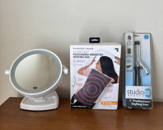 Home Essentials Lot - Makeup Mirror, Massaging Weighted Heating Pad, and Professional Styling Iron