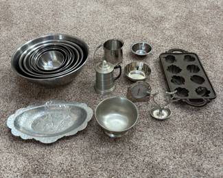 Assorted Metal Kitchenware Lot - Mixing Bowls, Measuring Cup, Serving Platters & More