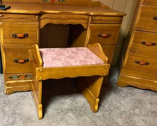 Vintage Western California Ranch Mission Spanish Revival Monterey Era Coronado 1930's Furniture La Fiesta Paint Decorated Ladies Makeup Vanity, Mirror and Bench, Four Drawer Dresser/Highboy