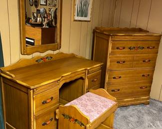 Vintage Western California Ranch Mission Spanish Revival Monterey Era Coronado 1930's Furniture La Fiesta Paint Decorated Ladies Makeup Vanity, Mirror and Bench, Four Drawer Dresser/Highboy