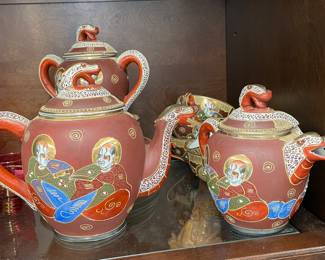 Vintage Japanese Satsuma Dragonware Geisha Moriage Lithopane Tea Set Estimated 1930's 