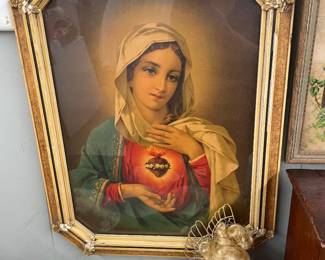 Vintage Immaculate Heart of Mary Large Framed Lithograph of the Blessed Virgin