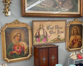 Vintage Immaculate Heart of Mary Large Framed Lithograph of the Blessed Virgin, Vintage Sacred Heart of Jesus Large Framed Lithograph, Vintage Sacred Heart of Jesus Framed God Bless Our House, Religious Items.  Catholic Last Rites Viaticum Cabinet (sick call set)