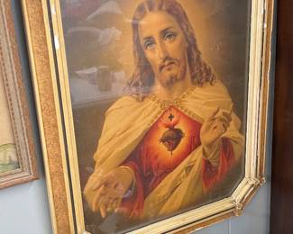 Vintage Sacred Heart of Jesus Large Framed Lithograph