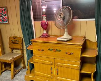 Vintage Western California Ranch Mission Spanish Revival Monterey Era Coronado 1930's Furniture La Fiesta Paint Decorated Hutch/Buffet/Sideboard with Built in Shelves, Secretary Chair