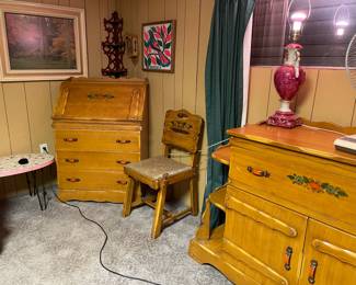 Vintage Western California Ranch Mission Spanish Revival Monterey Era Coronado 1930's Furniture La Fiesta Paint Decorated Hutch/Buffet/Sideboard with Built in Shelves, Secretary with Three Drawers & Chair