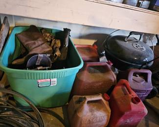 vintage boots, gas cans