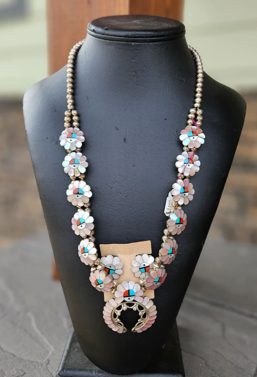 Zuni Sunface Squash Blossom necklace & earrings by artist Ashbarry Gasper