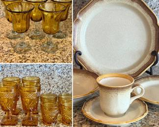 Amber glasswares and Mikasa "Whole Wheat" dinnerware