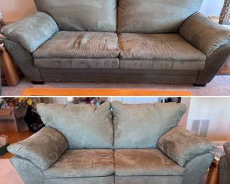 Sage green sofa and loveseat