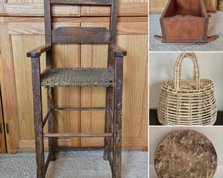 Vintage high chair & doll crib - basket & drum