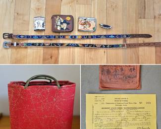 Vintage kids beaded belts-wallets-knife, red tote with metal handles & 1943 Florida hunting license