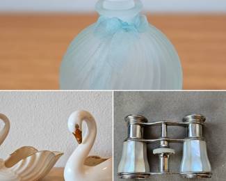 Perfume bottle, a porcelain & ceramic swans and Opera glasses 