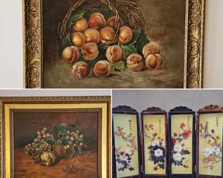 Small Asian screen with glass flowers & birds - two framed art pieces