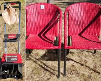 Toro small snowblower & bright red patio chairs