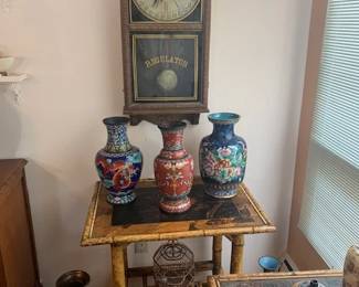 Antique Waterbury Regulator clock; 2 Mid-C lacquered bamboo tables; vintage Chinese cloisonne vases